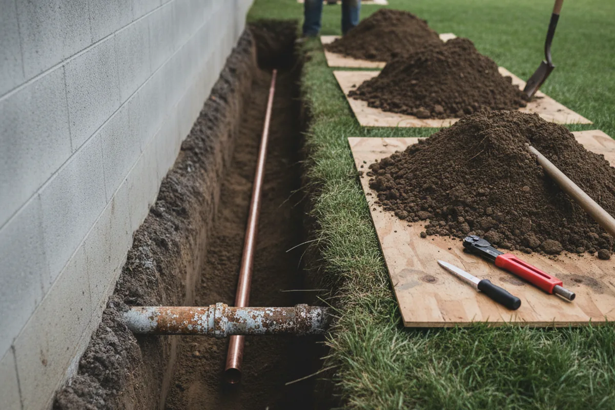 Excavated water line trench during Sewer Line Repair in Divide